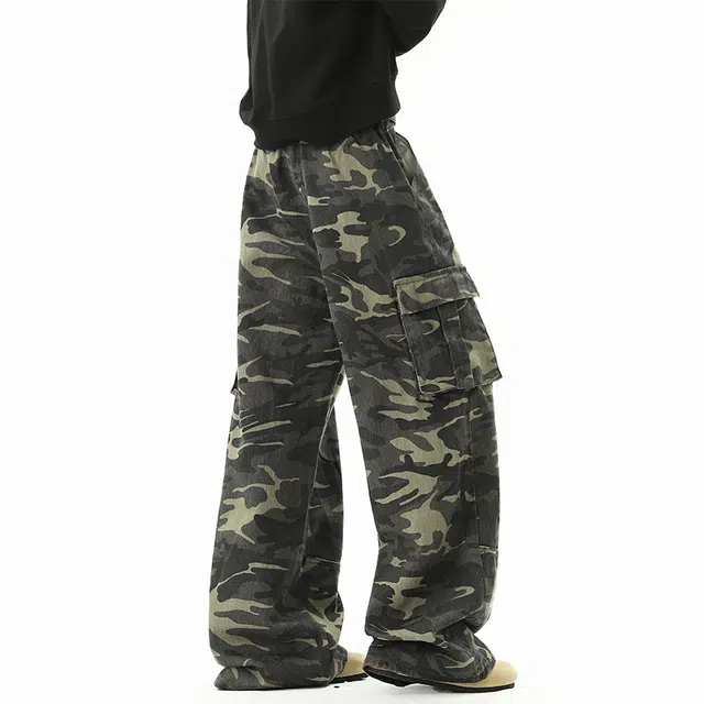 行更远 美式水洗大口袋解构迷彩设计小众高级感高街痞帅炸街潮流日常通勤宽松百搭舒适亲肤阔腿伞兵工装休闲裤 男女同款