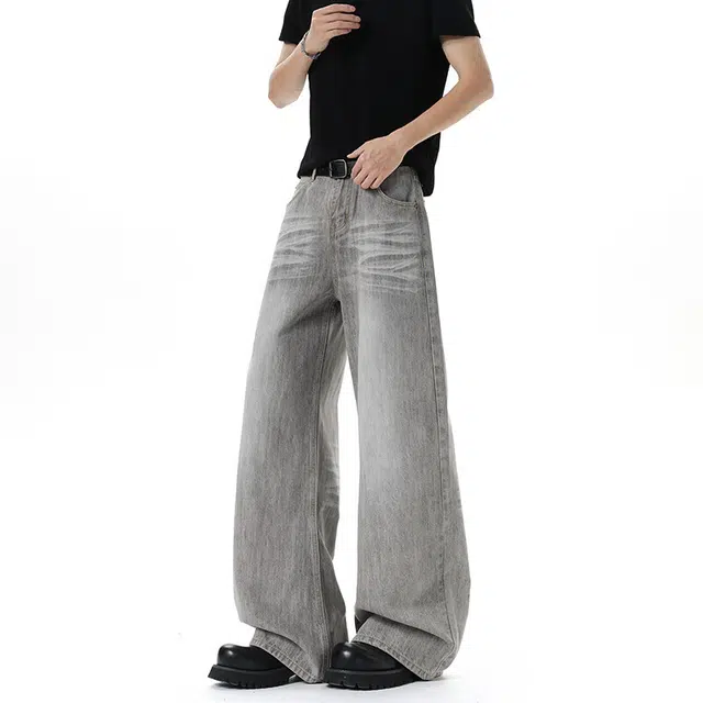 行更远 美式复古水洗猫须烟灰色小众高级感高街痞帅日常通勤宽松百搭舒适亲肤阔腿弯刀牛仔裤  男女同款