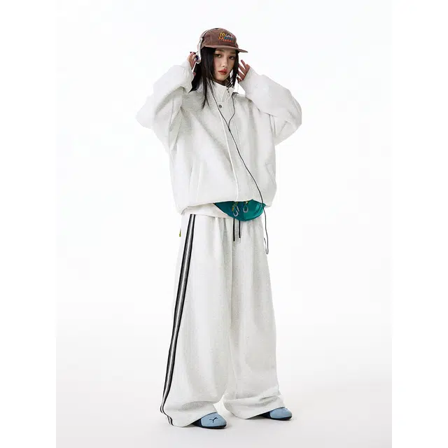 行更远 美式立领撞色条纹织带开衫百搭舒适亲肤阔腿卫裤两件套小众设计感高级感学院风慵懒松弛感休闲运动卫衣套装 男女同款