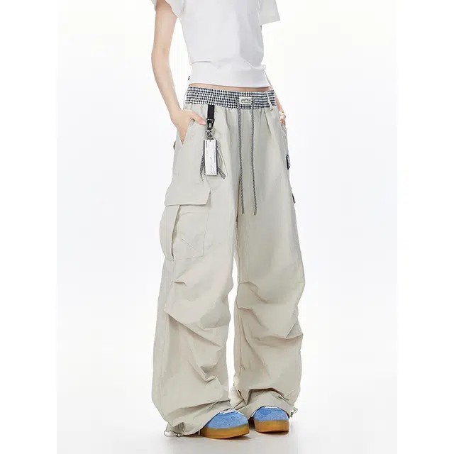 行更远 美式格子拼接伞兵工装裤双腰头设计阔腿裤宽松百搭休闲裤 男女同款