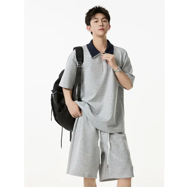 行更远 撞色翻领半拉链短袖宽松百搭短裤潮牌小众高级感痞帅透气舒适户外休闲运动套装 男女同款