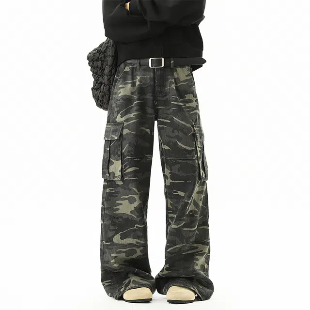 行更远 美式水洗大口袋解构迷彩设计小众高级感高街痞帅炸街潮流日常通勤宽松百搭舒适亲肤阔腿伞兵工装休闲裤 男女同款