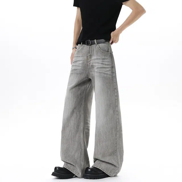 行更远 美式复古水洗猫须烟灰色小众高级感高街痞帅日常通勤宽松百搭舒适亲肤阔腿弯刀牛仔裤  男女同款
