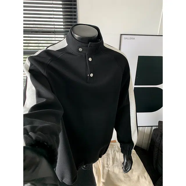 行更远 美式复古撞色拼接条纹排扣设计小众高级感高街痞帅慵懒松弛感宽松百搭舒适休闲立领卫衣 男女同款