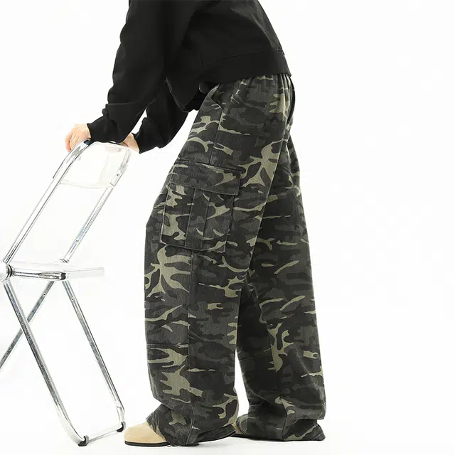 行更远 美式水洗大口袋解构迷彩设计小众高级感高街痞帅炸街潮流日常通勤宽松百搭舒适亲肤阔腿伞兵工装休闲裤 男女同款