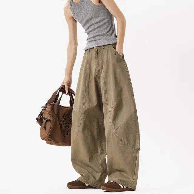 行更远 美式复古解构拼接褶皱弯刀裤小众高级感高街痞帅宽松百搭舒适简约廓形夏季休闲工装裤 男女同款