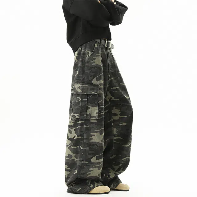 行更远 美式水洗大口袋解构迷彩设计小众高级感高街痞帅炸街潮流日常通勤宽松百搭舒适亲肤阔腿伞兵工装休闲裤 男女同款