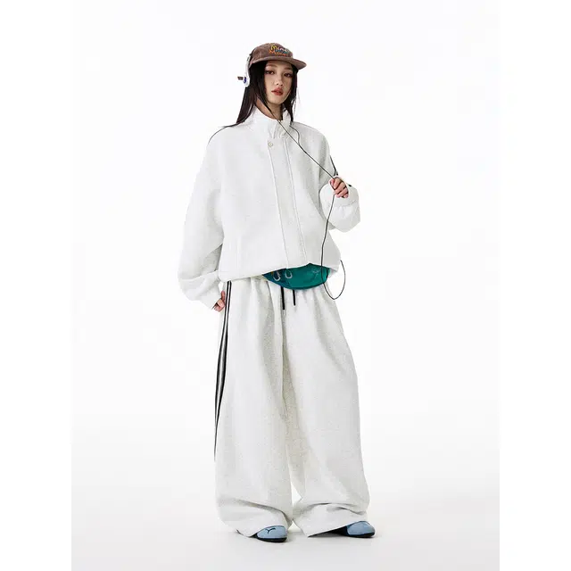 行更远 美式立领撞色条纹织带开衫百搭舒适亲肤阔腿卫裤两件套小众设计感高级感学院风慵懒松弛感休闲运动卫衣套装 男女同款