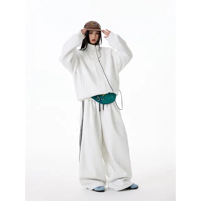 行更远 美式立领撞色条纹织带开衫百搭舒适亲肤阔腿卫裤两件套小众设计感高级感学院风慵懒松弛感休闲运动卫衣套装 男女同款