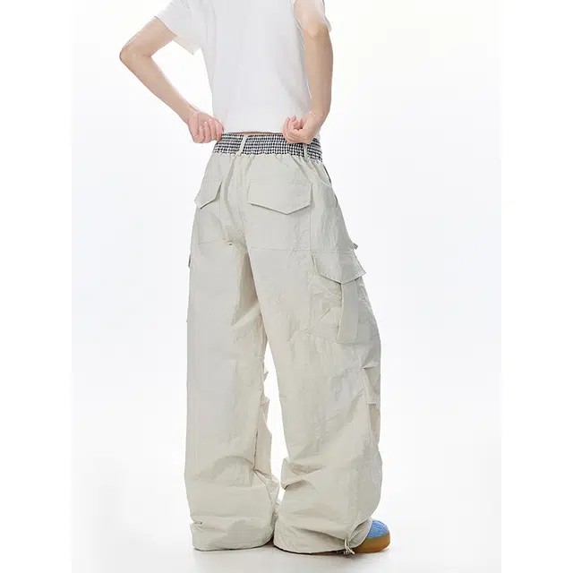 行更远 美式格子拼接伞兵工装裤双腰头设计阔腿裤宽松百搭休闲裤 男女同款