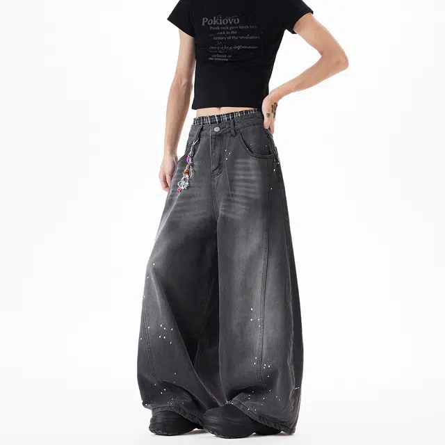 行更远 美式复古高街水洗黑泼墨设计感宽松解构阔腿牛仔裤 男女同款