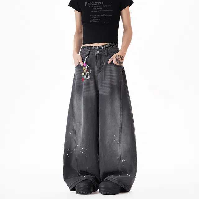 行更远 美式复古高街水洗黑泼墨设计感宽松解构阔腿牛仔裤 男女同款