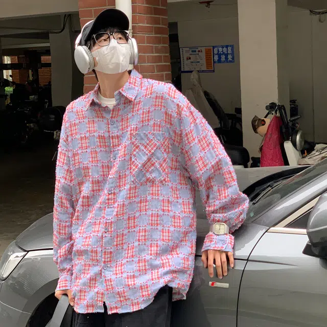 复古撞色格纹刺绣慵懒风宽松休闲街头外套长袖衬衫 男女同款