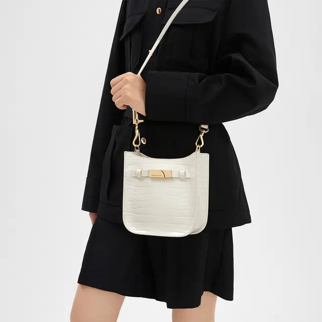 Charles & Keith Croc-Embossed Chain Shoulder Bag Navy/Cream