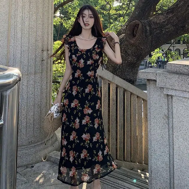 花蔓色 法式韩式复古碎花收腰显瘦设计感短袖连衣裙 女款