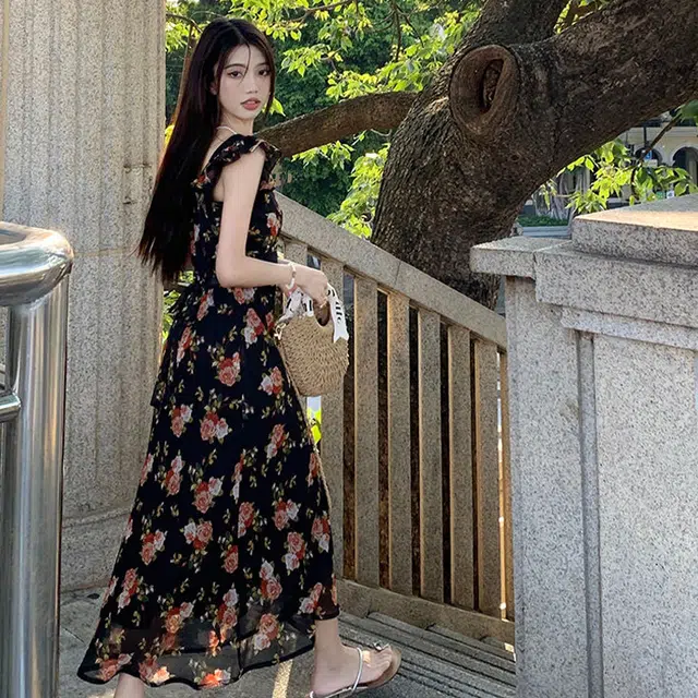 花蔓色 法式韩式复古碎花收腰显瘦设计感短袖连衣裙 女款