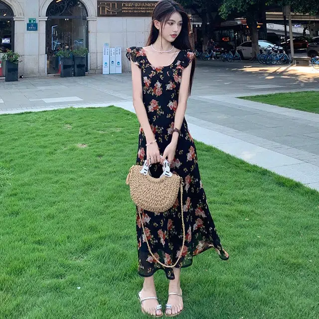 花蔓色 法式韩式复古碎花收腰显瘦设计感短袖连衣裙 女款