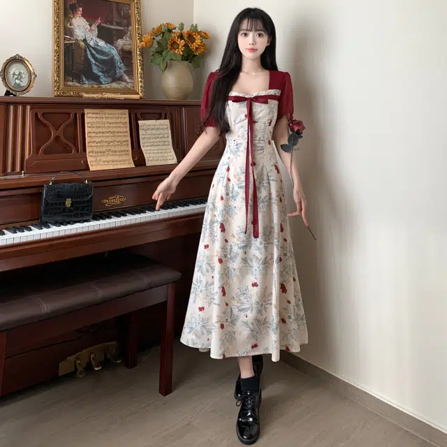 困住大象 新中式国风蝴蝶结拼接方领短袖连衣裙 女款