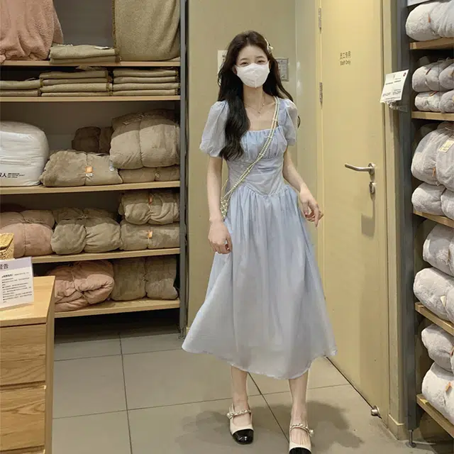 木清清 纯色高腰方领短袖连衣裙 女款 浅蓝色