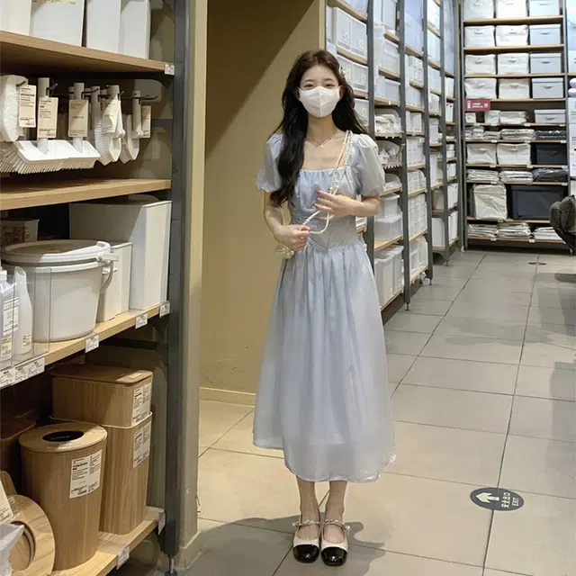 木清清 纯色高腰方领短袖连衣裙 女款 浅蓝色