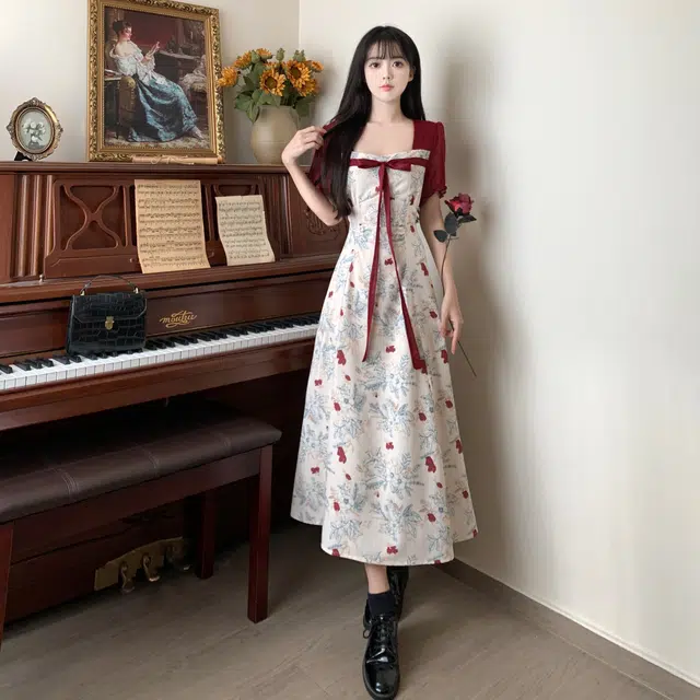 困住大象 新中式国风蝴蝶结拼接方领短袖连衣裙 女款