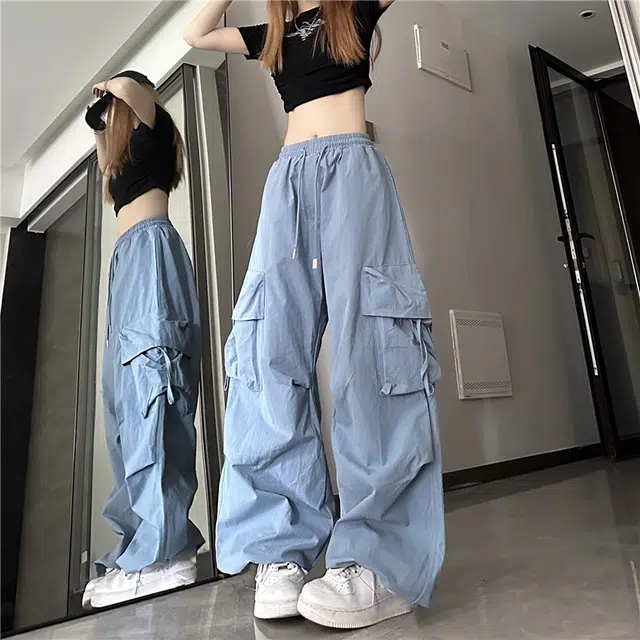 木清清 高腰直筒阔腿裤设计感宽松休闲拖地长裤美式复古工装裤 女款