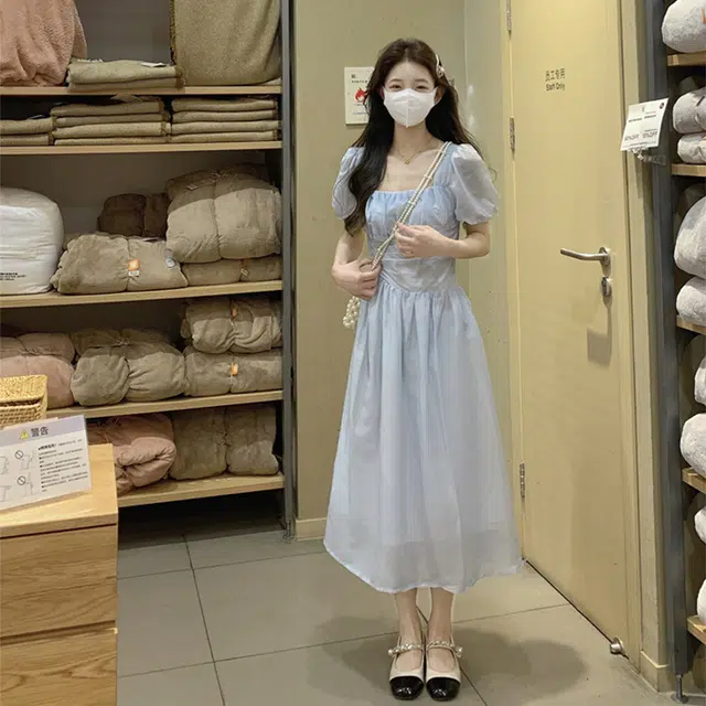 木清清 纯色高腰方领短袖连衣裙 女款 浅蓝色