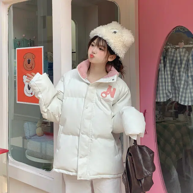 花山家的猫 长袖拼接字母纯色立领插肩加厚棉服 女款 白粉