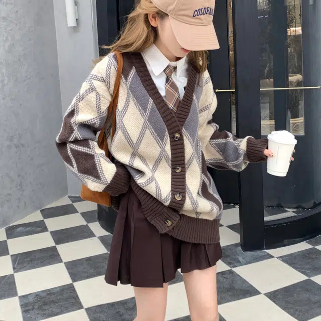 花山家的猫 排扣毛衣开衫长袖衬衫配格子领带制服 女款