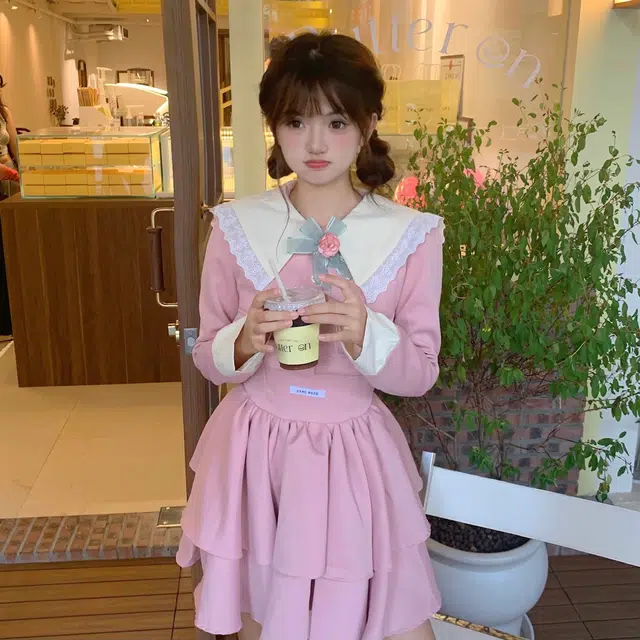 花山家的猫 拼色娃娃领单排扣短款外套收腰吊带连衣裙制服 女款 粉红色