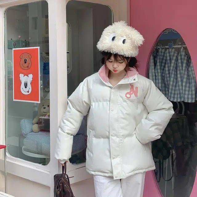 花山家的猫 长袖拼接字母纯色立领插肩加厚棉服 女款 白粉