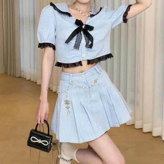 花山家的猫 小香风短袖衬衫百褶半身裙制服套装 女款