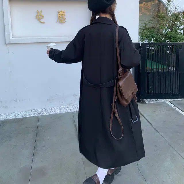 花山家的猫 纯色翻领双排扣黑色风衣长袖衬衫套头马甲短裙制服 女款