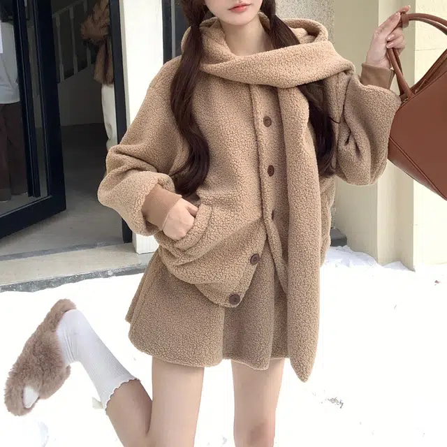 花山家的猫 纯色单排扣小熊连帽外套高腰花苞短裙制服 女款