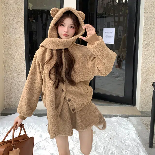 花山家的猫 纯色单排扣小熊连帽外套高腰花苞短裙制服 女款