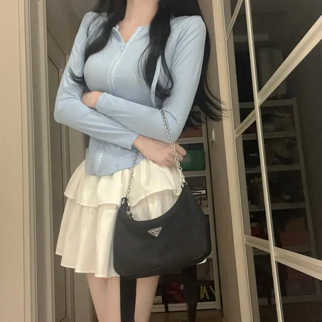花山家的猫 纯色长袖连帽上衣高腰荷叶裙制服套装 女款