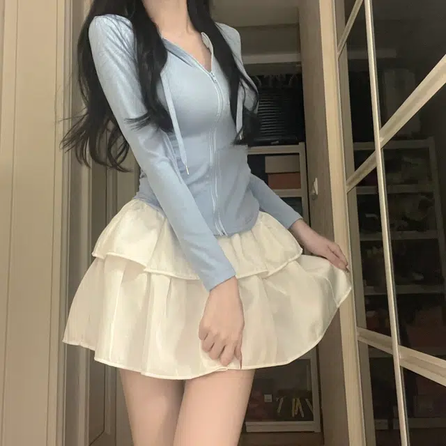 花山家的猫 纯色长袖连帽上衣高腰荷叶裙制服套装 女款