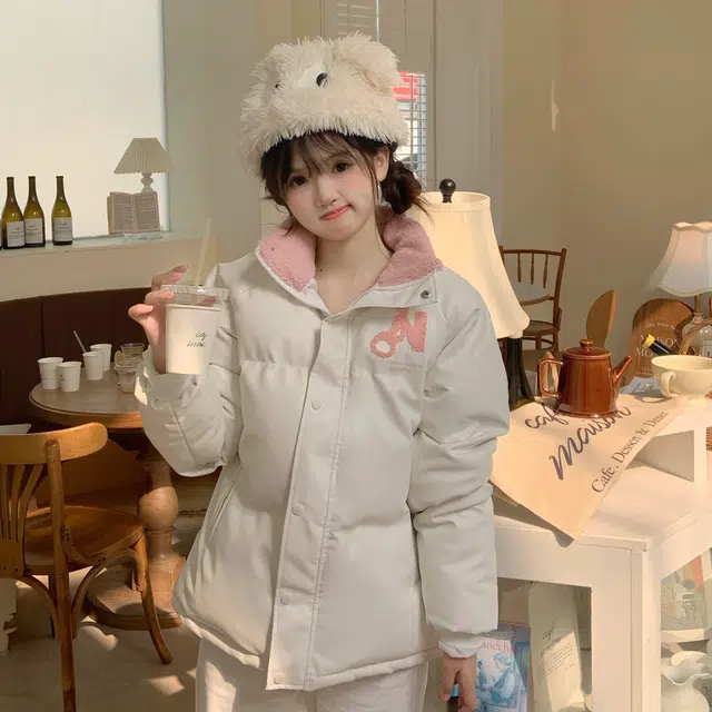 花山家的猫 长袖拼接字母纯色立领插肩加厚棉服 女款 白粉