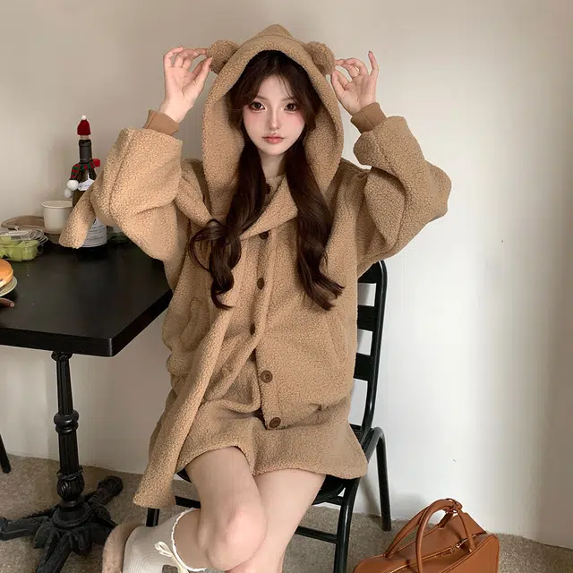 花山家的猫 纯色单排扣小熊连帽外套高腰花苞短裙制服 女款