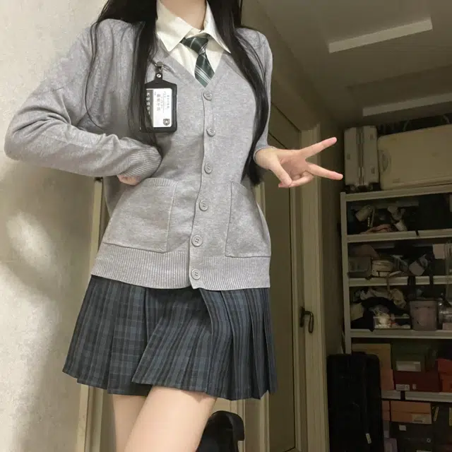 花山家的猫 日系秋冬可爱学院风纯欲甜美日常针织长袖开衫胸牌衬衫条纹领结格子百褶裙制服 女款