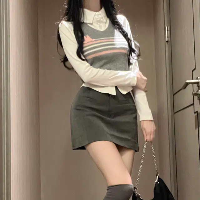 花山家的猫 学院风条纹针织毛衣衬衫包臀裙制服 女款 三件套