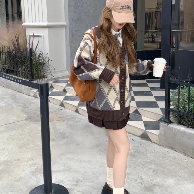 花山家的猫 排扣毛衣开衫长袖衬衫配格子领带制服 女款