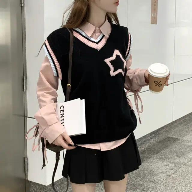 花山家的猫 黑粉拼色马甲背心配长袖衬衫黑箱褶裙三件套制服 女款