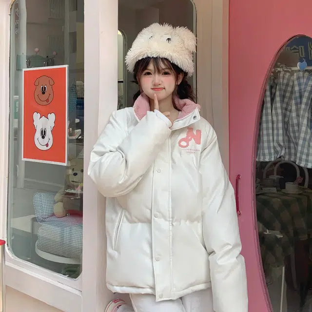 花山家的猫 长袖拼接字母纯色立领插肩加厚棉服 女款 白粉