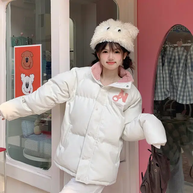 花山家的猫 长袖拼接字母纯色立领插肩加厚棉服 女款 白粉