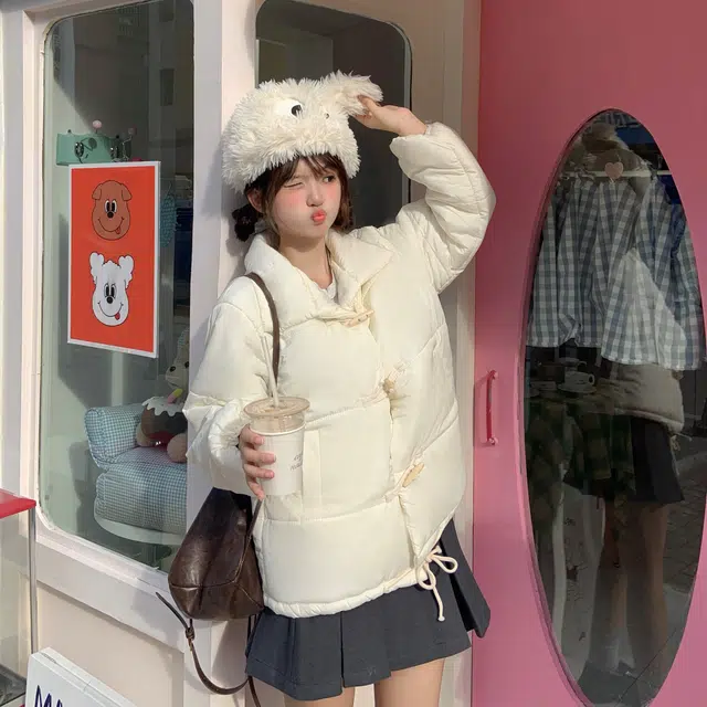 花山家的猫 纯色加厚短款牛角扣棉服高腰百褶短裙制服 女款