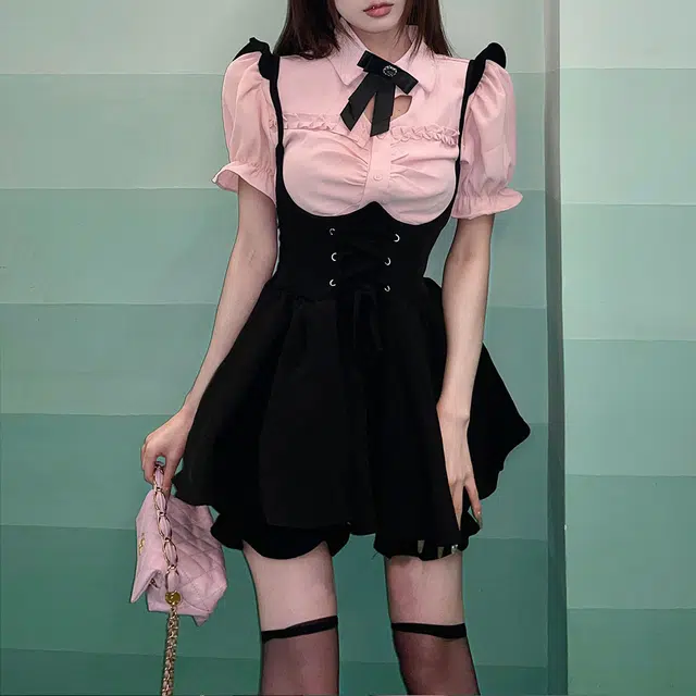 花山家的猫 纯色圆领超短款背带裙高腰修身泡泡短袖衬衫制服套装 女款