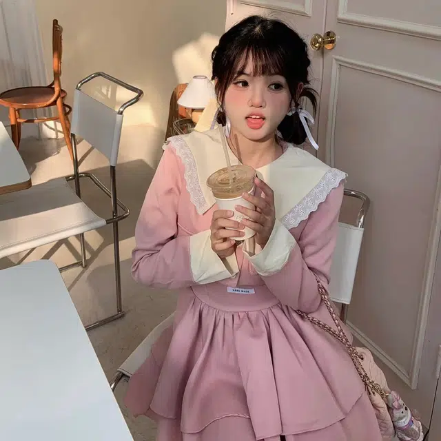 花山家的猫 拼色娃娃领单排扣短款外套收腰吊带连衣裙制服 女款 粉红色
