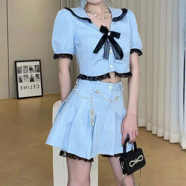 花山家的猫 小香风短袖衬衫百褶半身裙制服套装 女款