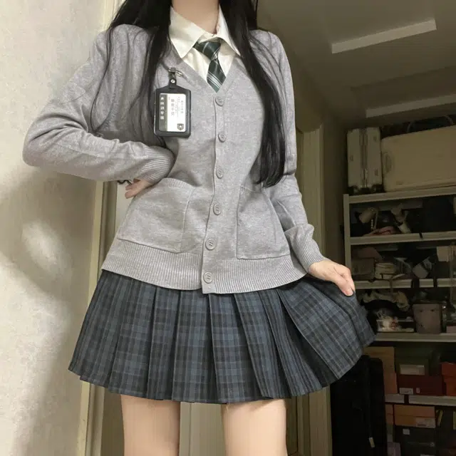 花山家的猫 日系秋冬可爱学院风纯欲甜美日常针织长袖开衫胸牌衬衫条纹领结格子百褶裙制服 女款